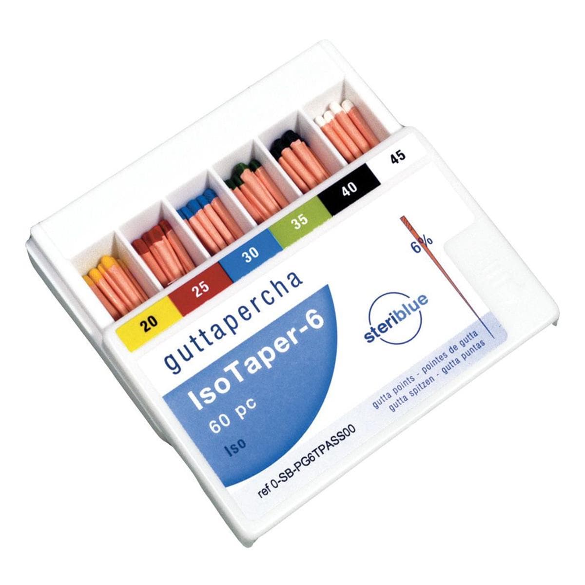 Pointes gutta Isotaper STERIBLUE - 6% Assorties 20-45 - Bote de 60