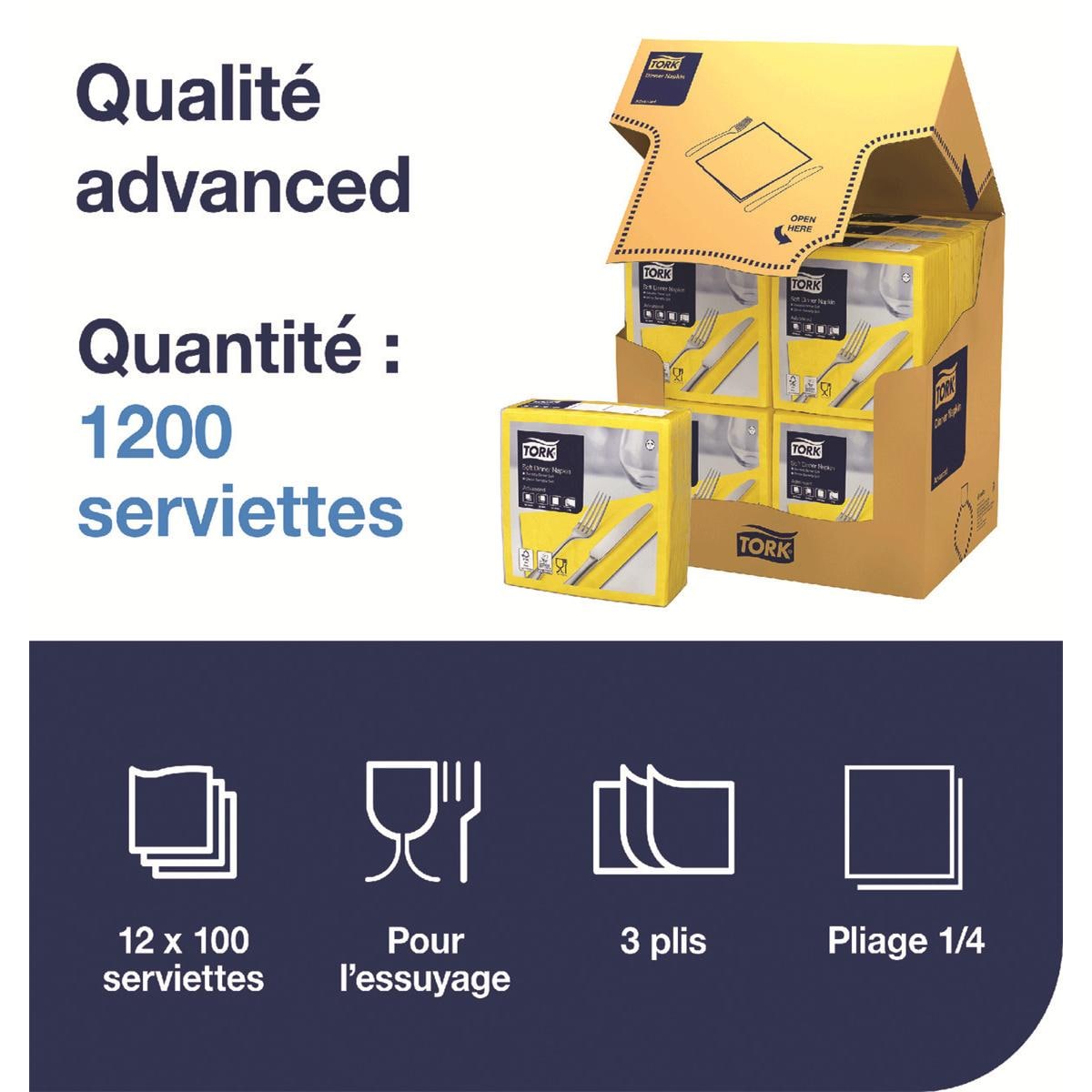 Serviettes TORK - 39x39 Jaunes 3 Plis - Lot de 100
