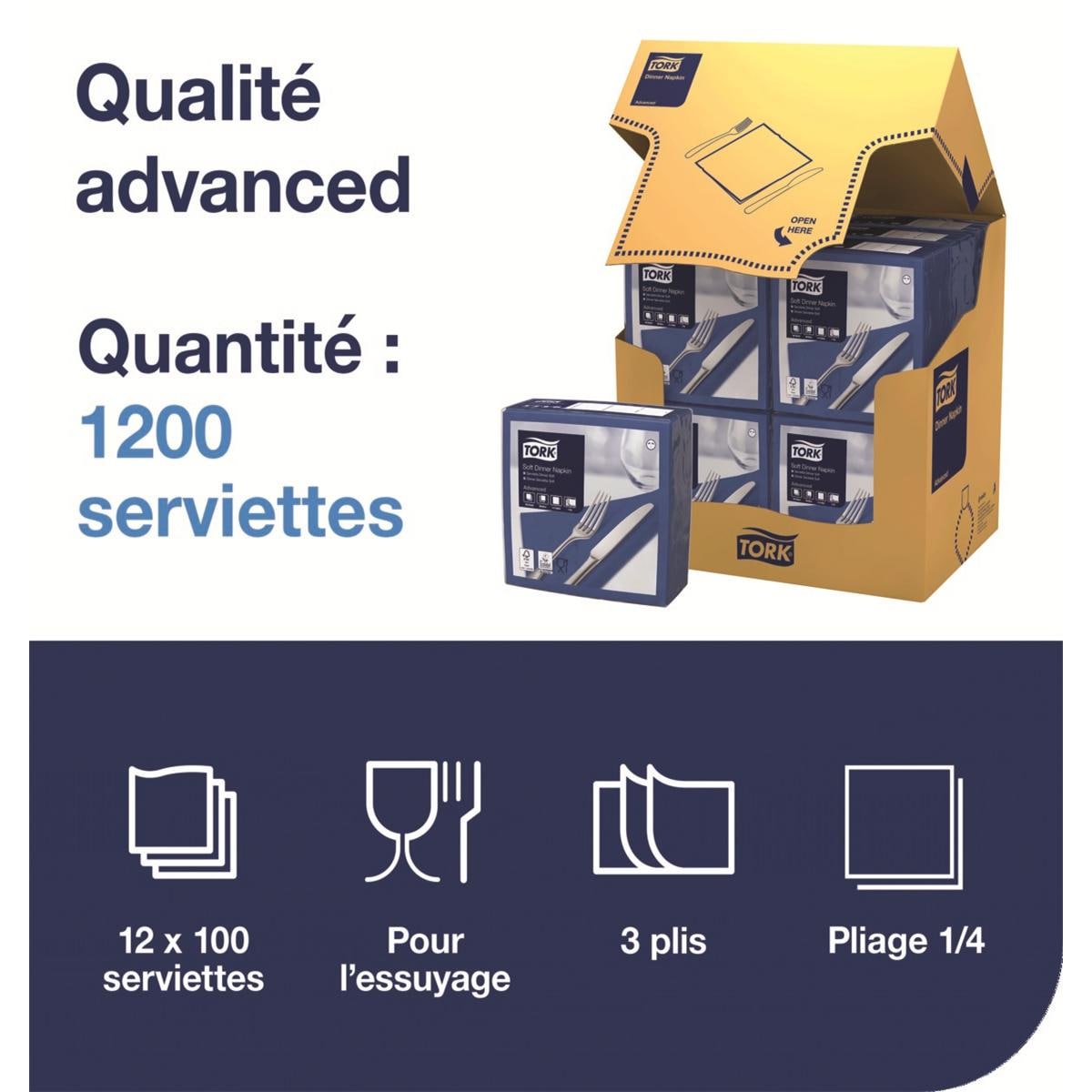Serviettes TORK - 39x39 - Bleu Ocean 3Plis - Lot de 100