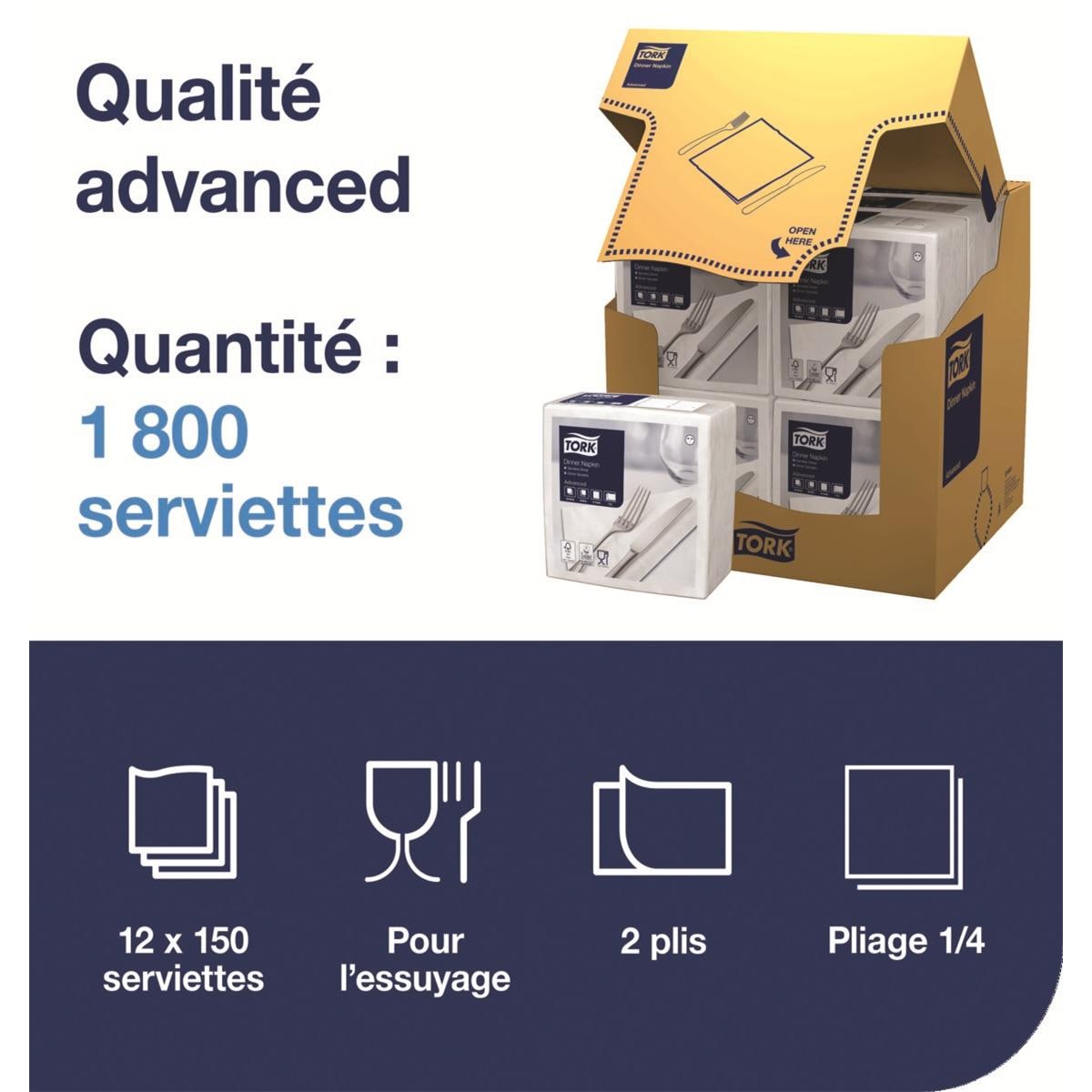 Serviettes TORK - 39x39 - Blanches 2 Plis - Lot de 150