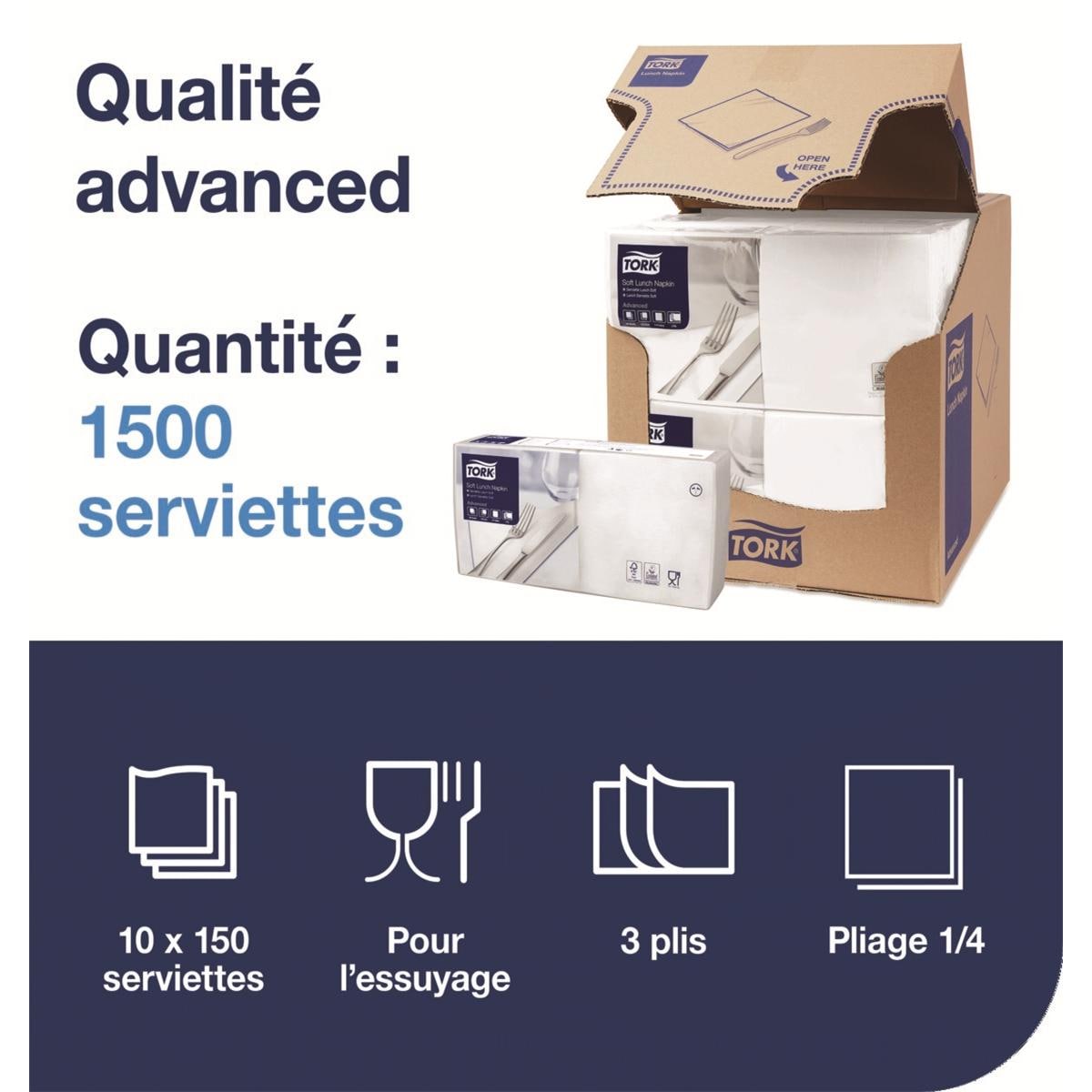 Serviettes TORK - 33x33 - Blanches 3 Plis - Lot de 150