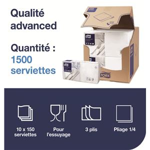 Serviettes TORK - 33x33 - Blanches 3 Plis - Lot de 150