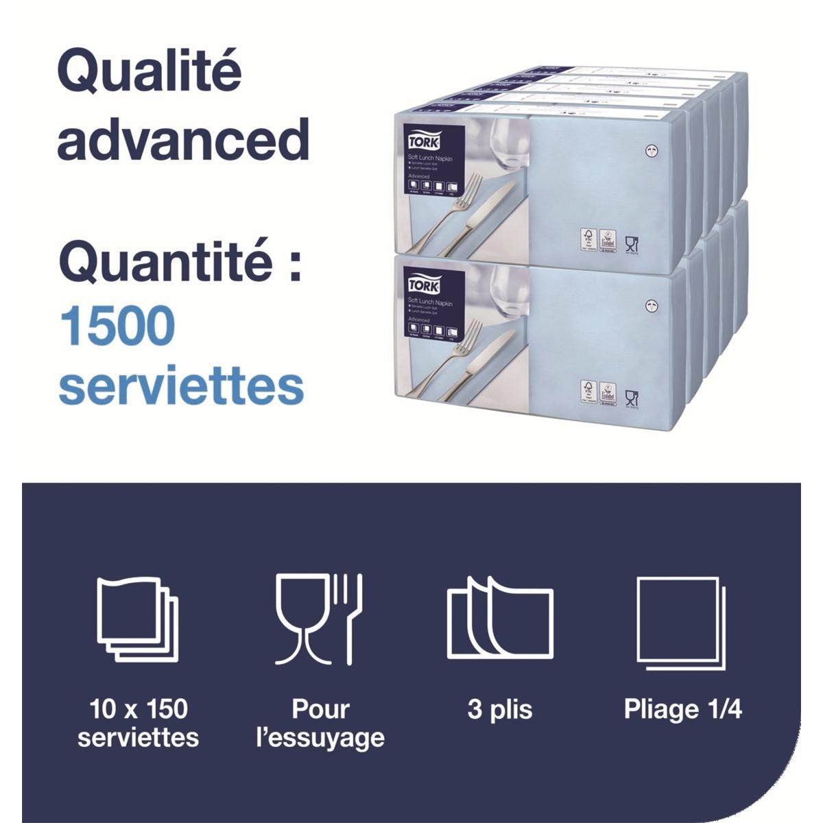 Serviettes TORK - 33x33 - Bleues 3 Plis - Lot de 150