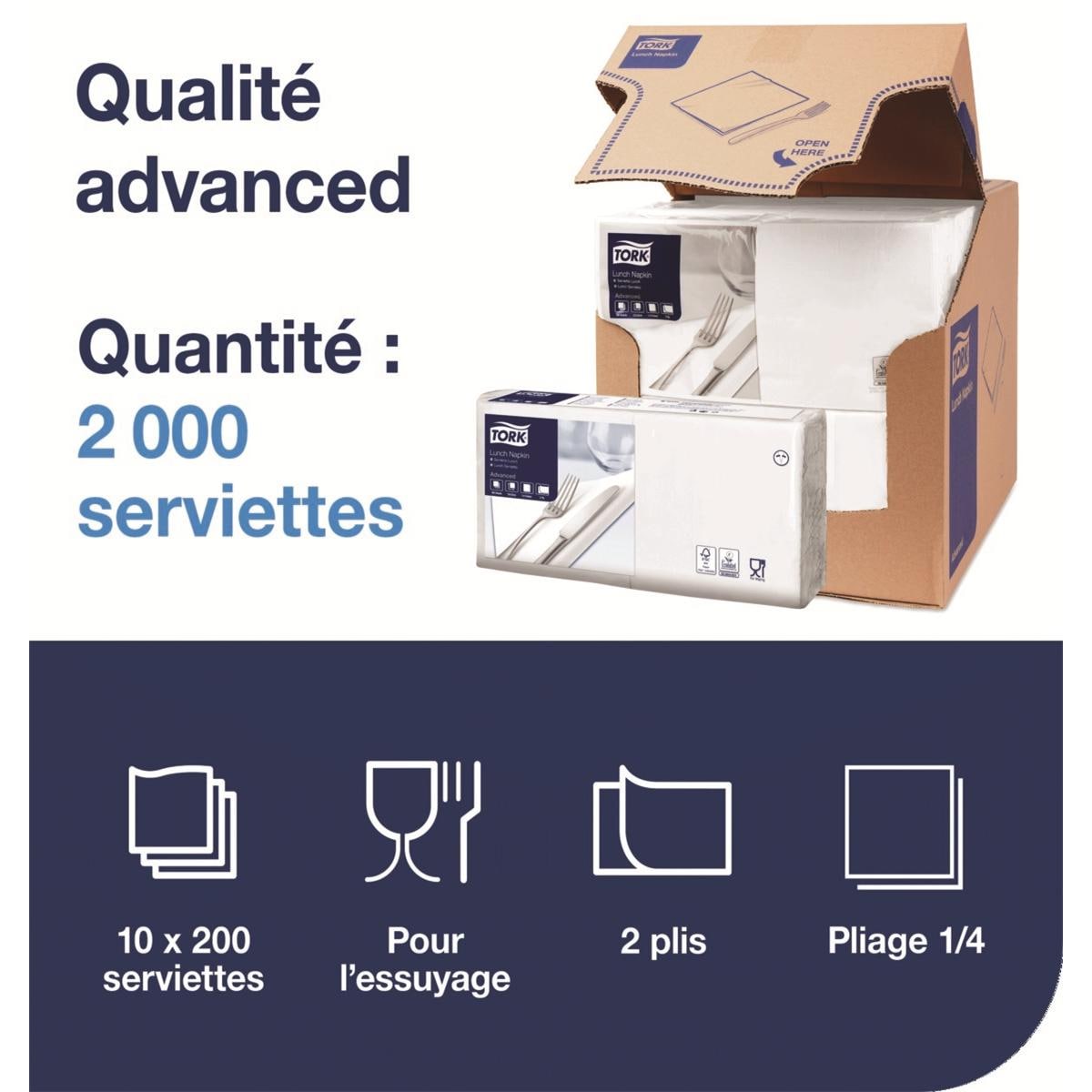 Serviettes TORK - 33x33 - Blanches 2 Plis - Lot de 200