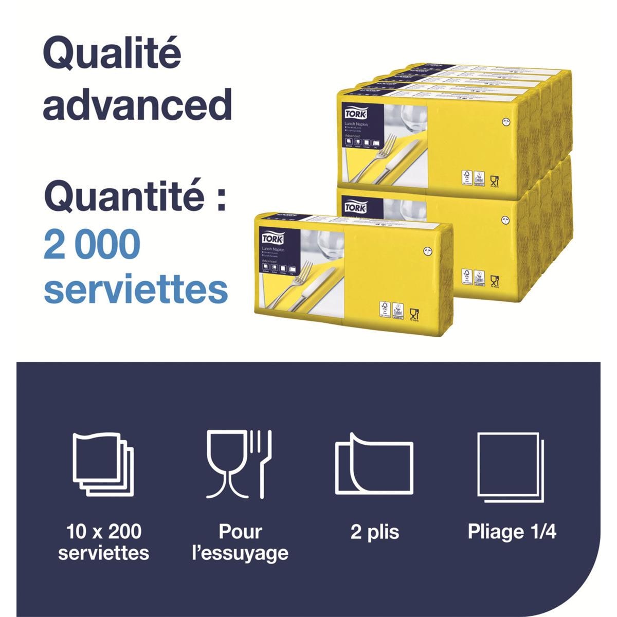 Serviettes TORK - 33x33 - Jaunes 2 Plis - Lot de 200