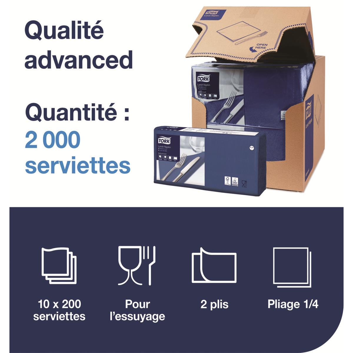 Serviettes TORK - 33x33 - Bleu Ocean 2 Plis - Lot de 200