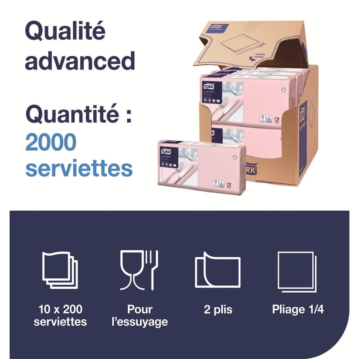 Serviettes rose ple 2 plis 33 x 33 - paquet de 200- 477847 - Tork